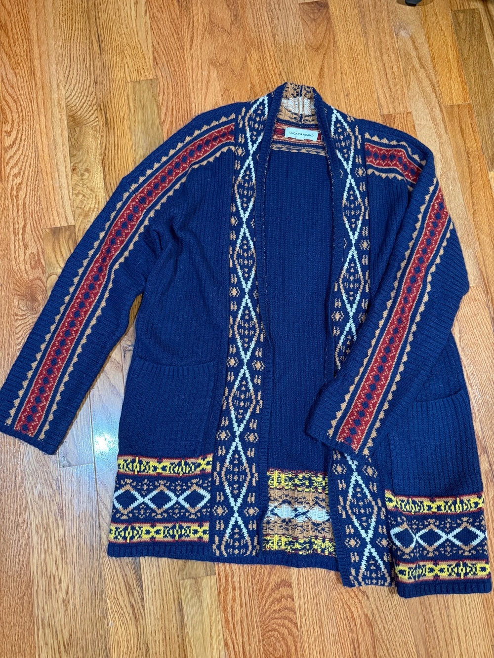 Lucky Brand Men's Navy Blue Patterned Open Cardigan